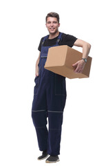 man in overalls with a cardboard box. isolated on white