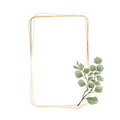 Greenery Eucalyptus Leaves Watercolor with geometric luxury gold frame isolated on white background. Natural border for wedding, invitation and card vector illustration