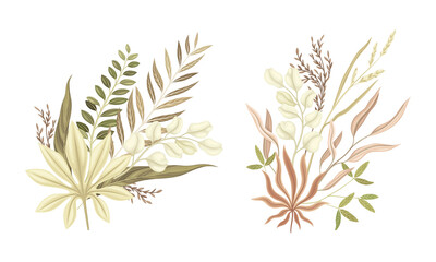 Bouquets of tropical plants in pastel colors watercolor vector illustration