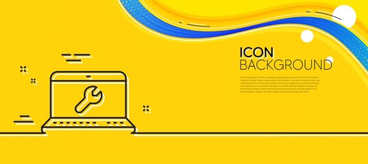 Naklejka na ściany i meble Spanner tool line icon. Abstract yellow background. Laptop repair service sign. Fix instruments symbol. Minimal laptop repair line icon. Wave banner concept. Vector