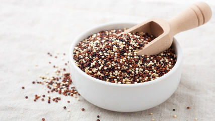 Quinoa in white bowl with wood scoop