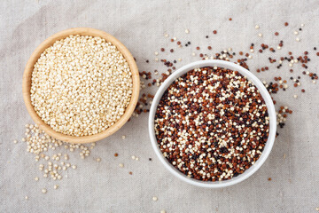 Quinoa in wood bowl and mixed quinoa in white bowl