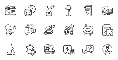 Outline set of Strategy, Airplane and Journey line icons for web application. Talk, information, delivery truck outline icon. Include Lightning bolt, Handout, Human resources icons. Vector