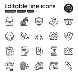 Set of Business outline icons. Contains icons as Ice cream, Reject mail and Vip table elements. Time hourglass, Hamburger, Lock web signs. Recycle, Buyer, Chemistry pipette elements. Vector