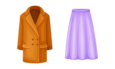 Set of female clothes. Wool coat and skirt vector illustration