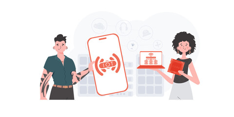 IoT concept. A man and a woman are a team in the field of the Internet of things. Good for presentations and websites. Vector illustration.