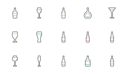 Bottles line icons. Beer drinks, Wine glass and Whiskey bottle. Champagne linear icon set. Bicolor outline web elements. Vector