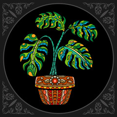 Colorful monstera deliciosa plant zentangle arts, isolated on black background © REYYARTS