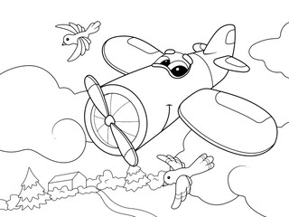 Live plane in the sky. Children coloring book, raster.