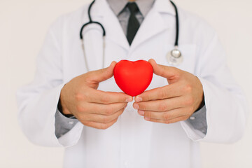 The male cardiologist doctor holding heart on white background