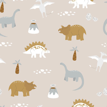 Kids seamless pattern with dinosaurs. Cartoon flat animals. Creative baby print with dino in Scandinavian style. Vector background in pastel trendy colors. Cute dino. Bohemian textile and wallpaper