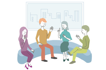 座って打ち合わせをする男女のグループ