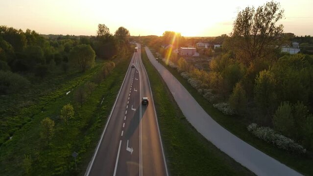 Aerial shot of the traffic on an asphalt highway in the suburbs of Radom, Poland