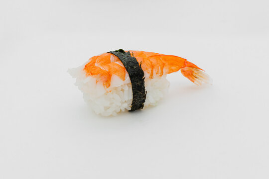 ebi niguiri sushi on white bottom