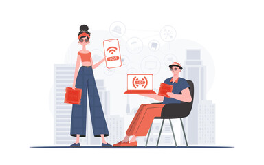 IOT and automation concept. The girl and the guy are a team in the field of Internet of things. Good for websites and presentations. Vector illustration.