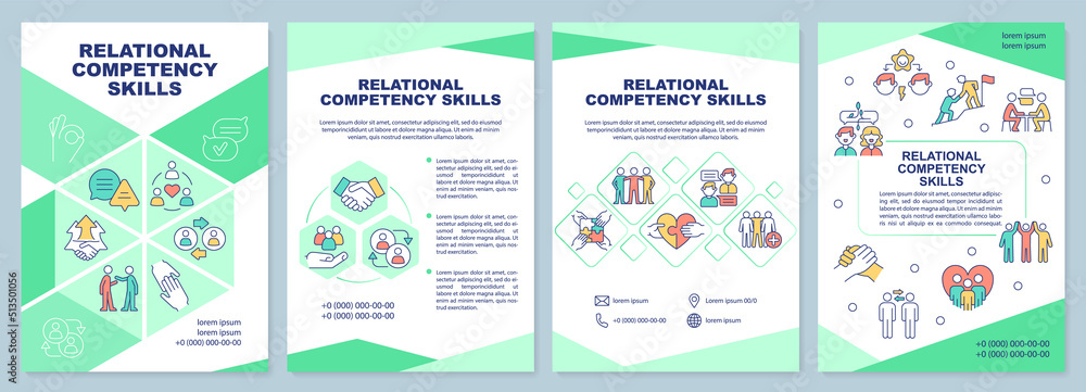 Aufkleber relational competency skills green brochure template. leaflet design with linear icons. editable 4 v
