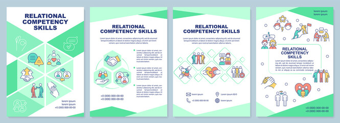 Fototapeta na wymiar Relational competency skills green brochure template. Leaflet design with linear icons. Editable 4 vector layouts for presentation, annual reports. Arial-Black, Myriad Pro-Regular fonts used