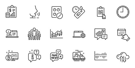Outline set of Financial diagram, Covid test and Accounting line icons for web application. Talk, information, delivery truck outline icon. Include Cloud sync, Column diagram, Clipboard icons. Vector