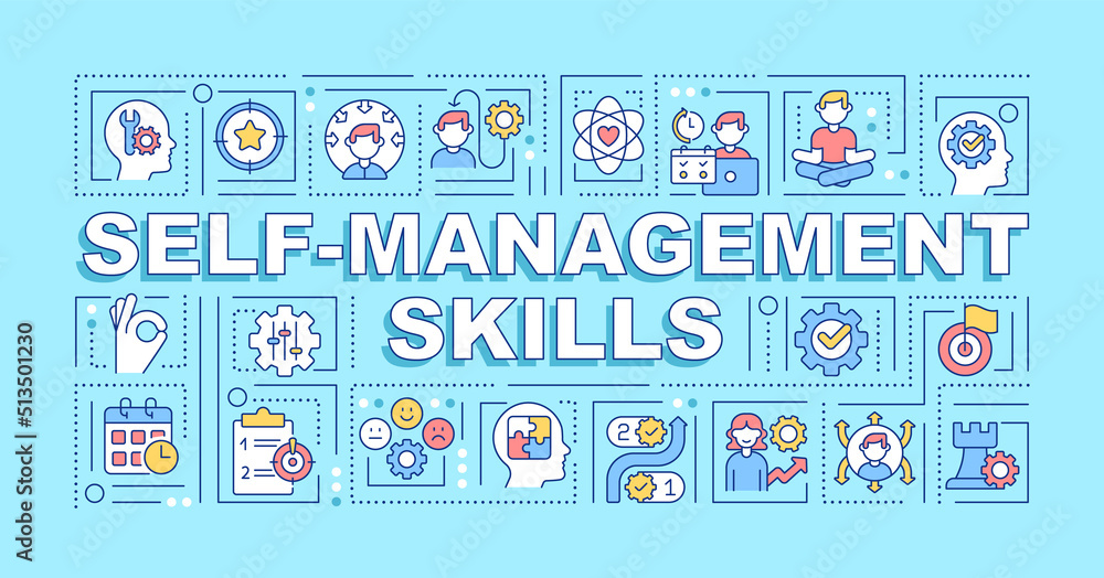 Poster self-management skills word concepts blue banner. organization. infographics with editable icons on 