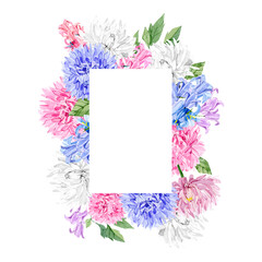 Blue, pink, violet floral frame watercolor illustration. Hand drawn flower bluebells and Asters. Elegant garden small wildflower in color trendy for wedding invitation