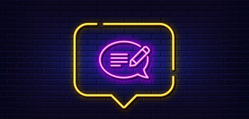 Neon light speech bubble. Message chat line icon. Speech bubble sign. Feedback symbol. Neon light background. Message glow line. Brick wall banner. Vector