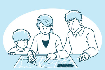 ハザードマップで避難経路を確認する家族のイラスト