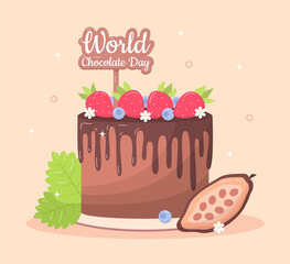 World Chocolate Day concept. Delicious chocolate cake with strawberries and blueberries. Cute vector illustration in a flat style.