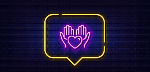 Neon light speech bubble. Hold heart line icon. Care love emotion sign. Valentine day symbol. Neon light background. Hold heart glow line. Brick wall banner. Vector