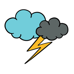 A hand drawn cartoon icon of thunderstorm and cloud isolated on a white background. The concept of weather forecast. Flat design. Vector illustration.