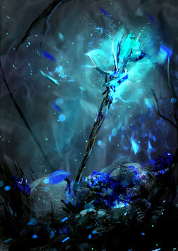a magic staff with a crystal emits a magical blue light. sparks of bright flame and flower petals are flying nearby. there is a foggy shroud and tree branches on the hair dryer. 2d art