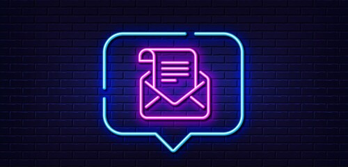 Neon light speech bubble. Mail newsletter line icon. Read Message correspondence sign. E-mail symbol. Neon light background. Mail newsletter glow line. Brick wall banner. Vector