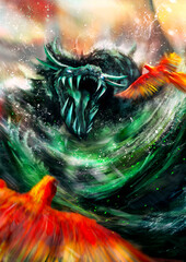 a huge green dragon screams furiously at the bright birds flying next to him. waves of water radiate from it, splashes and magic sparks fly. parrots with short tails are afraid of him. 2d art