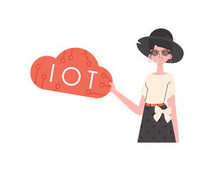 A woman holds the IoT logo in her hands. Internet of things and automation concept. Isolated. Vector illustration in trendy flat style.