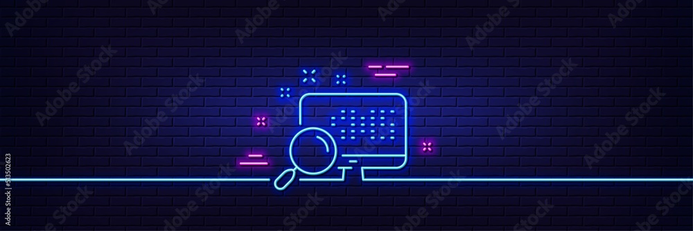 Poster neon light glow effect. search in computer line icon. find data sign. magnify glass. 3d line neon gl