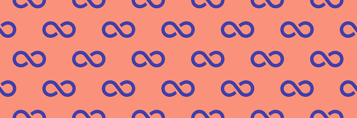 Seamless pattern. Infinity sign is blue, isolated on red background. Symbol of infinity. Banner for insertion into site. 3D image. 3d rendering