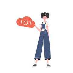 The girl holds the IoT logo in her hands. Internet of things concept. Isolated. Vector.
