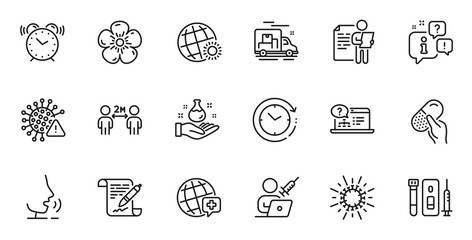 Outline set of Chemistry lab, Online help and Capsule pill line icons for web application. Talk, information, delivery truck outline icon. Vector