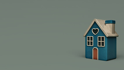 Widescreen Illustration 1 Clay House With Heart Window in a Neighborhood on Moss Green Background. 3D Illustration Render in 8K.
