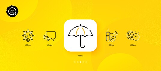 Umbrella, Video conference and Time management minimal line icons. Yellow abstract background. Megaphone, Chemistry lab icons. For web, application, printing. Vector