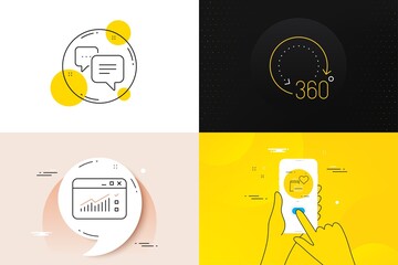 Minimal set of Web traffic, Dots message and Food donation line icons. Phone screen, Quote banners. 360 degrees icons. For web development. Website window, Chat bubble, Charity meal. Vector