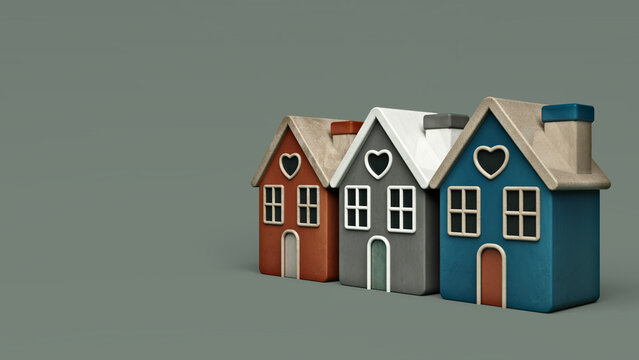Widescreen Illustration 3 Clay Houses With Heart Window in a Neighborhood on Moss Green Background. 3D Illustration Render in 8K.
