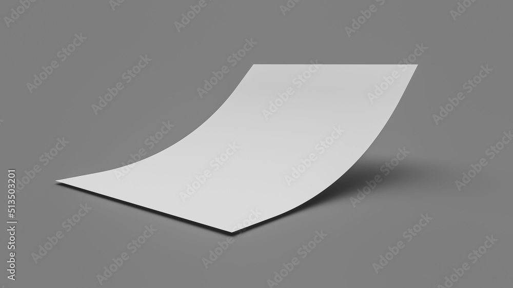 Poster 3d illustration of a bent empty paper sheet on a gray background