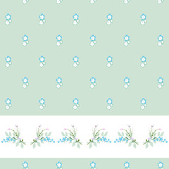 Floral seamless vector pattern. Delicate of small flowers on a light green background with border tape for the design of home textiles, wallpaper, wrapping paper