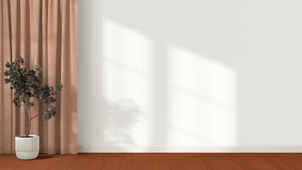 Interior design background in white and orange tones with copy space. Empty wall, parquet floor and potted plant