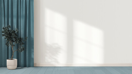 Interior design background in white and blue tones with copy space. Empty wall, parquet floor and potted plant