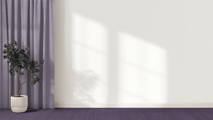 Interior design background in white and purple tones with copy space. Empty wall, parquet floor and potted plant