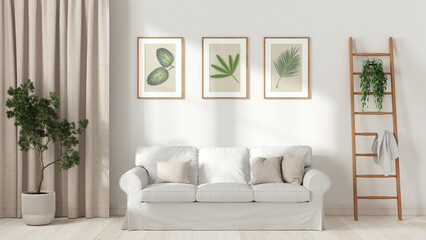 Scandinavian living room in white tones. Fabric sofa with pillows, curtains, wooden ladder and potted plants. Frame and parquet floor, front view. Modern interior design