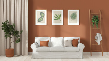 Scandinavian living room in white and orange tones. Fabric sofa with pillows, curtains, wooden ladder and potted plants. Frame and parquet floor, front view. Modern interior design