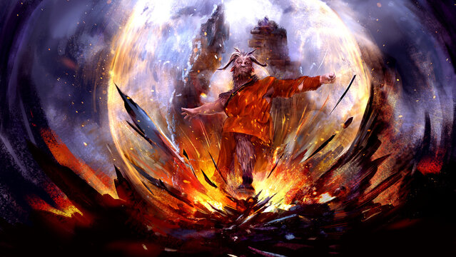 A minotaur with large horns on his head hits the stones with his hoof and causes a shock wave of magical flame. behind him, the ruins of the temple are visible, and sparks fly into the air. 2d art