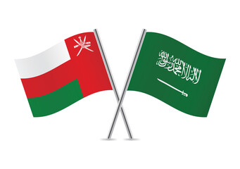 Oman and Saudi Arabia crossed flags. Omani and Saudi Arabian flags on white background. Vector icon set. Vector illustration.